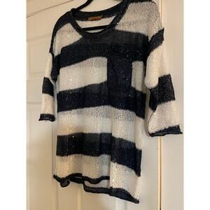 Blue and white sparkly glittery fairy whimsical 3/4 sleeve stiped top size large